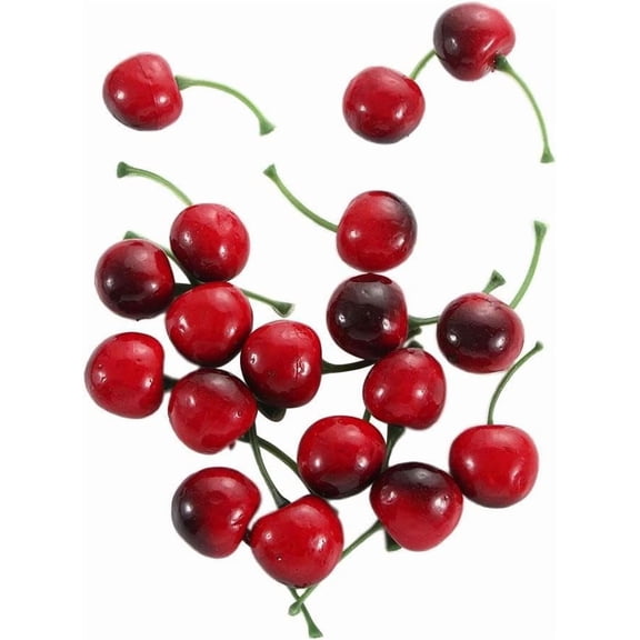 20 Pcs Artificial Red Cherries Lifelike Black 25mm Simulation Cherry Fake Fruit Model for Home Kitchen Party Decoration (Red Black) -