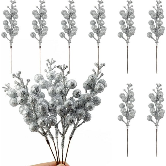 20 Pcs Artificial Silver Berry Stems, 9 Inch Glitter Christmas Tree Picks,Silver Berries Branches for Christmas Tree Ornaments,DIY Xmas Wreath, Holiday and Home Decoration,Christmas Ornaments