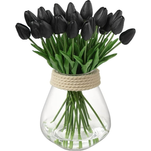 20 Pcs Artificial black Tulips Flowers Faux Tulip Stems PU Real Touch Tulips for Easter Spring Wreath Floral Arrangement Centerpiece Wedding Bouquets Baby Shower Decoration