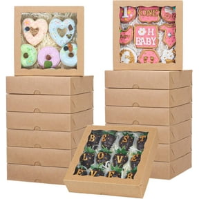 20 Pcs Bakery Boxes, 8x8x2.5 Cookie Boxes with Window, Brown Treat Containers for Wedding, Birthday, Donuts, Chocolate Strawberries, Pie