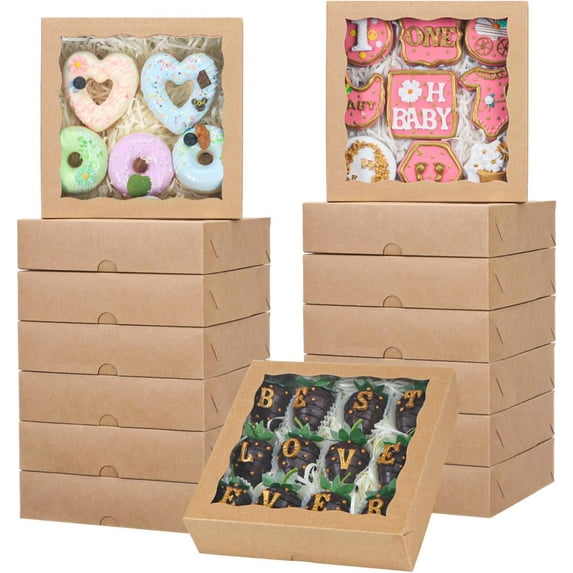 20 Pcs Bakery Boxes, 8x8x2.5 Cookie Boxes with Window, Brown Treat Containers for Wedding, Birthday, Donuts, Chocolate Strawberries, Pie