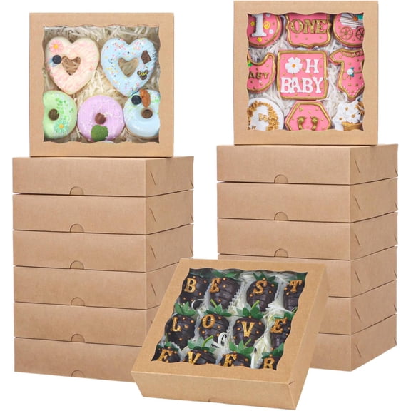 20 Pcs Bakery Boxes, 8x8x2.5 Cookie Boxes with Window, Brown Treat Containers for Wedding, Birthday, Donuts, Chocolate Strawberries, Pie