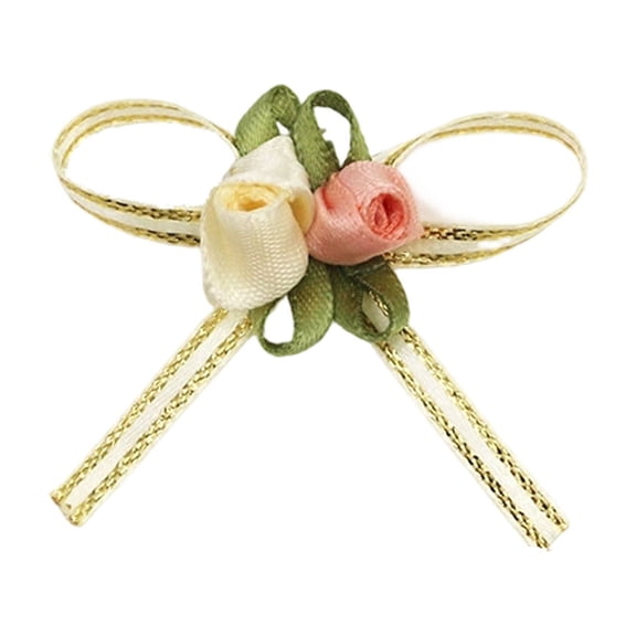 20 Pcs Beige Roses Bud Bows For Wedding Favors Candy Box Wrist Corsage Gift Embellishment Nylon Spandex 5.91x5.91x0.39 In