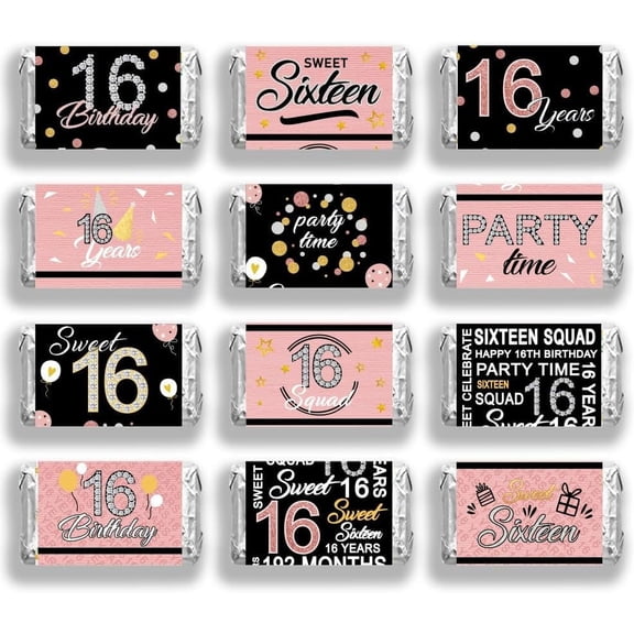 20 Pcs Birthday Candy Wrappers, 16th Birthday Miniature Wrappers Celebrational Theme Self Adhesive Chocolates Bar Label Stickers for Birthday Party Decor (No Candy) 3.5x6.6cm