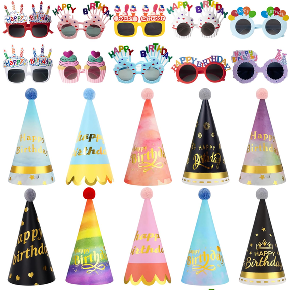 20 Pcs Birthday Party Hats with Party Glasses Tiny Paper Party Hats with Pom Poms Funny Party/Birthday Accessories for New Year Christmas Birthday