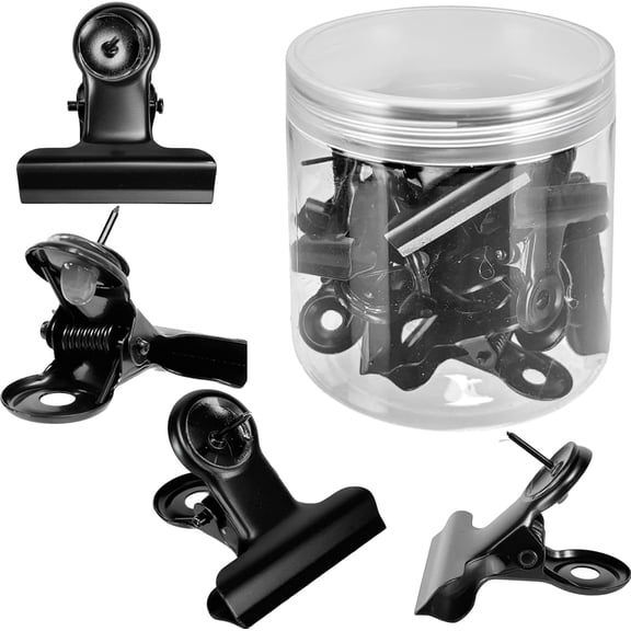 20 Pcs Black Push Pin Clips Heavy Duty Push Pins with Clips Thumb Tacks Clips Metal Cubicle Clips Board Pins No Holes for Bulletin Board Cork Board Photo Wall