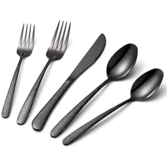 20 Pcs Black Silverware Set, Food-Grade Stainless Steel Flatware Set for 4, Fabric-Textured Cutlery Set, Mirror Polished Tableware Eating Utensils Set for Kitchen, Includes Knife, Fork, Spoon Set