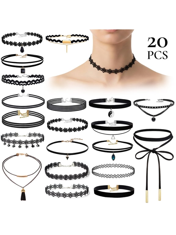 20 Pcs Black Velvet Choker Necklace Set for Women, Vintage Classic Gothic Tattoo Lace Choker, Adjustable Fashion Jewelry Set for Costume Cosplay Party Birthday Gift