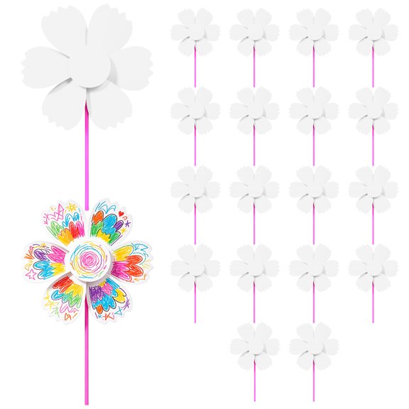 20 Pcs Blank DIY Pinwheel Unfinished Paper Craft Pinwheel Kit with Plastic Rod Creative Hand Painted Windmill for Painting and Drawing Home Activity