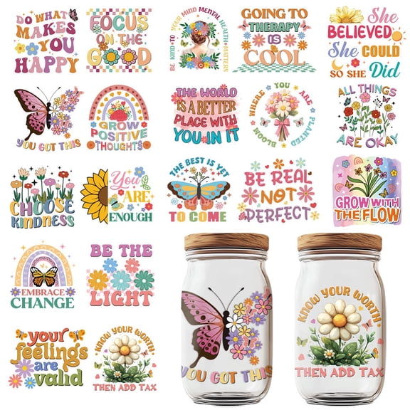 20 Pcs Boho Mental Health UV DTF Cup Wraps 10 Styles Positive Words Rub on Decals Affirmation Inspiration Quotes Waterproof Transfer