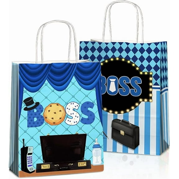 20 Pcs Bossbb Party Favors Bags with Handles, Baby B-oy Goodie Bags, Gift Bags, Candy Bags with 2 Different Types, Boss Kraft Paper Bags for Birthday Party Supplies Ba-by Shower Decorations