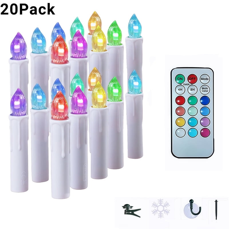 20 Pcs Bulk LED Flameless Candles, Large Set of Clip-On Taper Candle Lights for Big Christmas Trees, with Remote Timer, Flickering Multicolour Glow