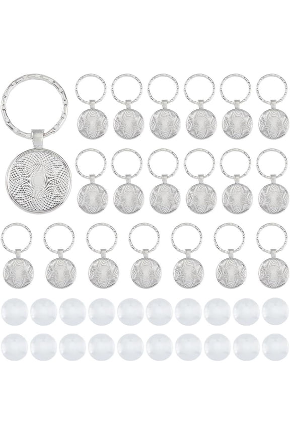 20 Pcs Cabochon Keychain Kit Platinum Round Pendant Blank Alloy Tray Charms Blanks Trays for Photo with 20Pcs Glass Cabochon for DIY Jewelry Making diy