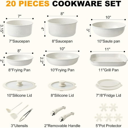 20 Pcs Ceramic Cookware Set Non Stick, PFAS/PFOA , Removable Handle, Induction & Dishwasher Safe, White