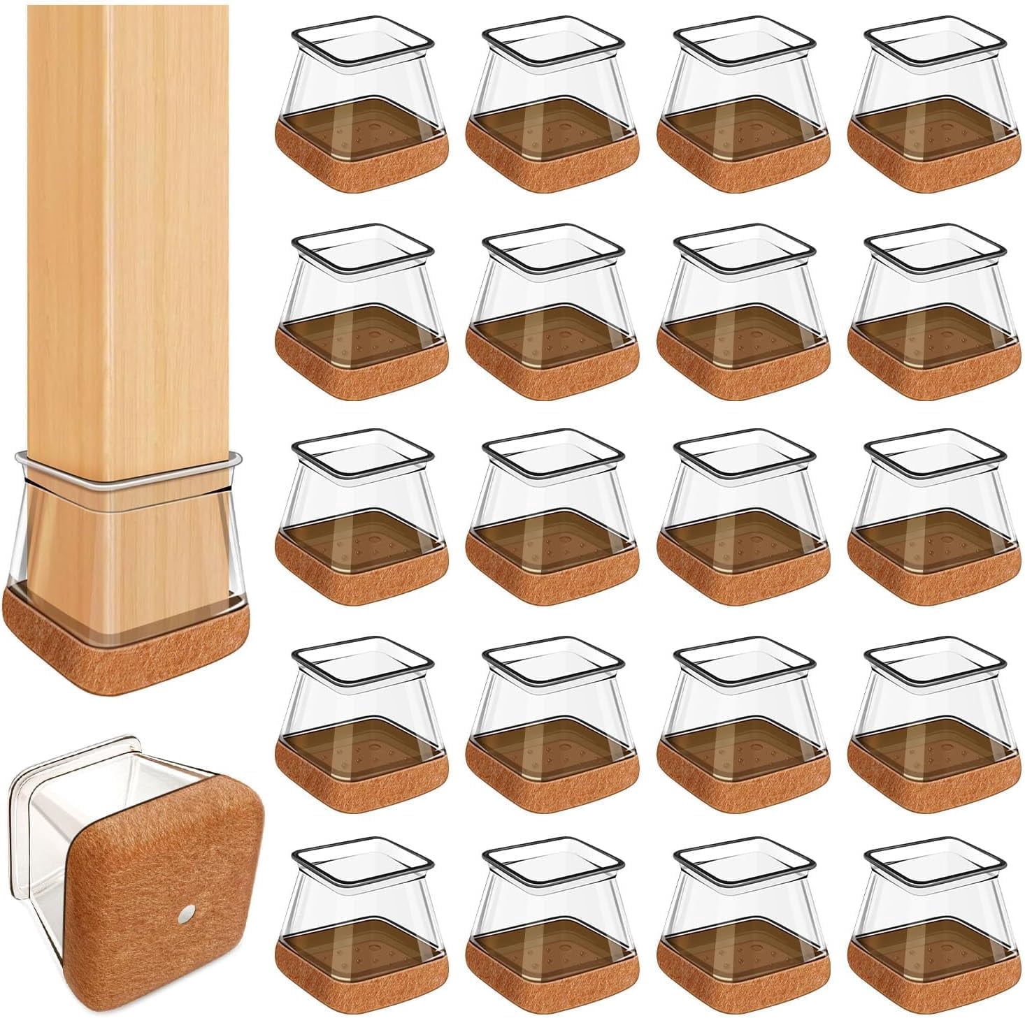 OCONDA 20 Pcs Chair Leg Floor Protectors for Hardwood Floors, Clear Rubber Furniture Sliders with Felt, Silicone Caps Covers (Fit Square Diameter:1-1/16" to 1-7/16")