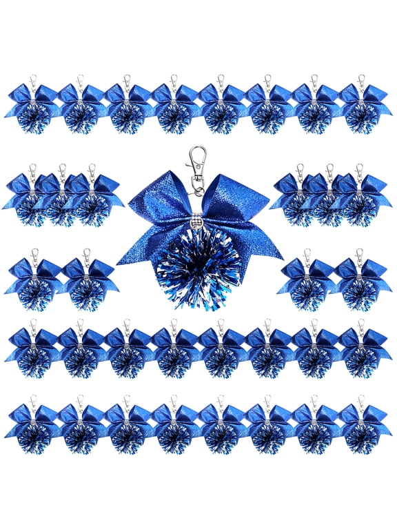 20 Pcs Cheer Pom Pom Keychain Bulk Cheerleader Gifts for Girls Blue Bow Bag Charm with Metal Clasp