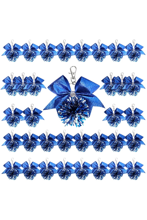 20 Pcs Cheer Pom Pom Keychain Bulk Cheerleader Gifts for Girls Blue Bow Bag Charm with Metal Clasp
