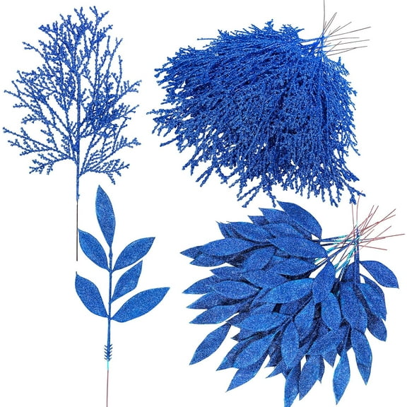 20 Pcs Christmas Artificial Bay Leaf Picks Cedar Sprays Rose Gold Glittered Christmas Tree Ornament Picks Winter Floral Stems for Rose Gold Christmas Tree Seasonal Wreath Wedding Centerpiece