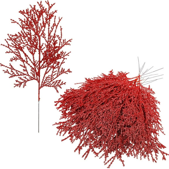 20 Pcs Christmas Artificial Pine Branches- 10.4" Glitter Fake Pine Stems Picks- Christmas Tree Filler Picks Artificial Pine Needles for DIY Christmas Wreath Home Decoration(Red)