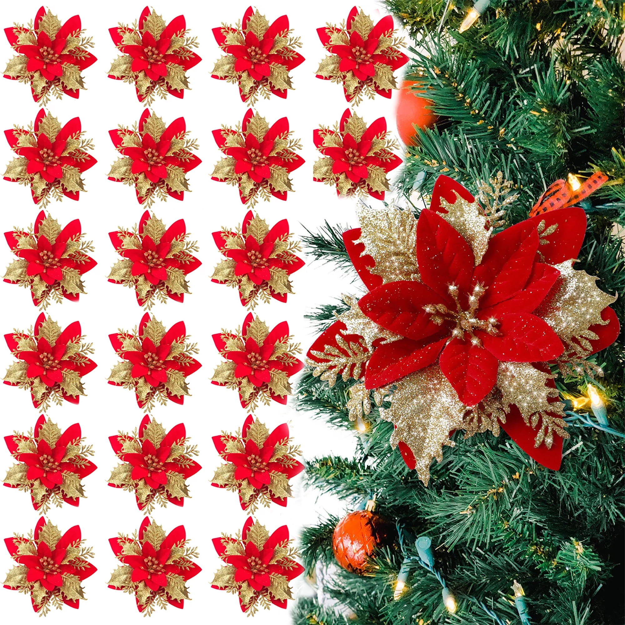 20 Pcs Christmas Artificial Poinsettia Flowers,Glitter Fake Poinsettia