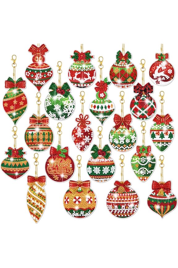 20 Pcs Christmas Diamond Painting Keychain Kits 5D DIY Diamond Art Pendants Double Sided Hanging Key Chains for Christmas Party Decoration DIY(Balls Style)