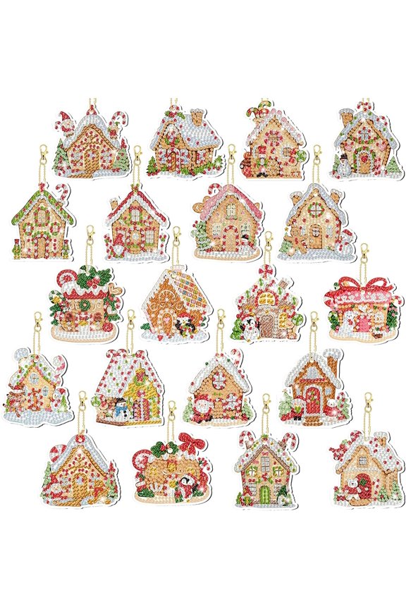 20 Pcs Christmas Diamond Painting Keychain Kits 5D DIY Diamond Art Pendants Double Sided Hanging Key Chains for Christmas Party Decoration DIY (Gingerbread House)
