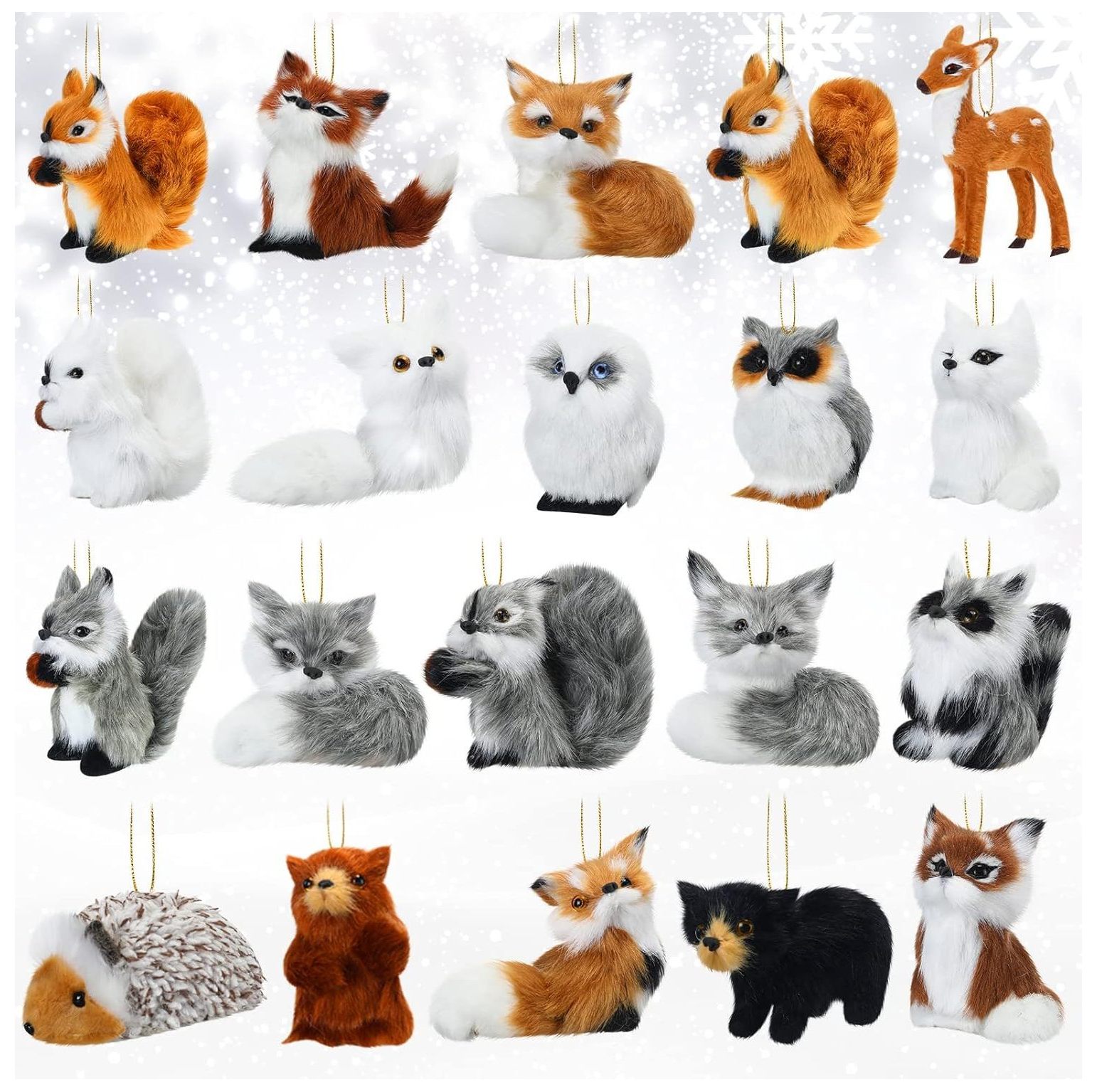 20 Pcs Christmas Faux Fur Animal Ornaments Set Plush Woodland Ornaments 