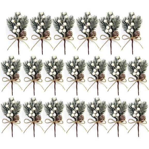 20 Pcs Christmas Floral Picks, 7.8 inch Snowy Holly Christmas Red Berry Picks Stems, Christmas Picks and Sprays Artificial Pine Picks with Pine Cones for Crafts, Wreath, Garland, Xmas Tree