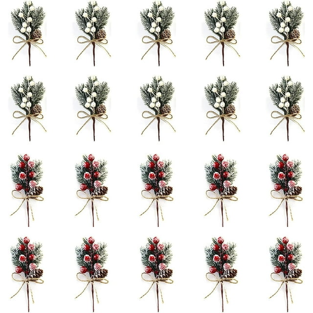 20 Pcs Christmas Floral Picks, 7.8 inch Snowy Holly Christmas Red Berry