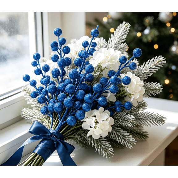 20 Pcs Christmas Glitter Berries Stems, 6.7Inch Artificial Christmas Picks for Christmas Tree Ornaments, DIY Xmas Wreath, Crafts, Holiday and Home Decor, Gold Christmas Ornaments, Blue