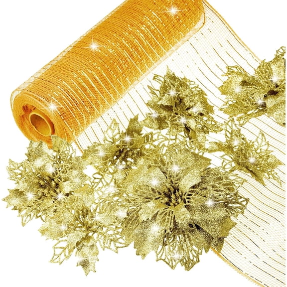 20 Pcs Christmas Glitter Poinsettia Faux Flowers with 30 ft Christmas Mesh Ribbon Rolls, Christmas Tree Ornament Flowers Xmas Tree Wreaths Decor for Home Party Wedding