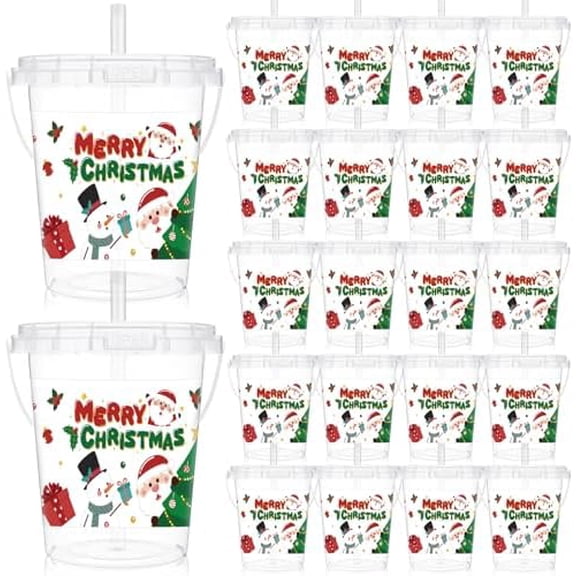 20 Pcs Christmas Plastic Buckets Bulk Merry Christmas Cups with Lids and Straws 34 oz Xmas Beverage Travel Mugs Reusable Plastic Cups for Wine, Hot and Cold Drinks Xmas Party Supplies