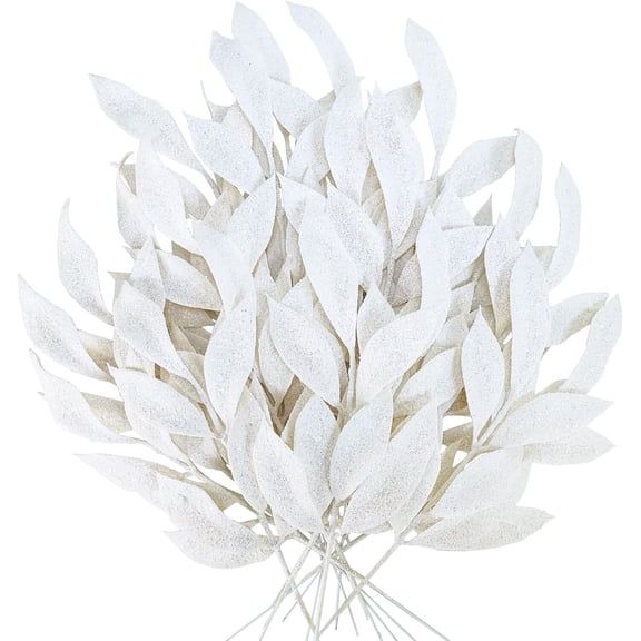 20 Pcs Christmas Tree Picks and Sprays, 13 Inch Glittered Artificial Leaf, Christmas Decorative Glittery Twigs, for Christmas Tree DIY Wreath Crafts Holiday Home Decor,Christmas Tree Filler(White)