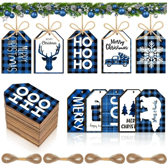 20 Pcs Christmas Wooden Tag Labels, Christmas Tree Ornaments, Rustic Christmas Wishes Holiday Tags, Vintage Hanging Craft Label with Jute Ropes, for Christmas Decoration, 3 x 2 Inch