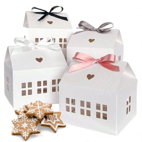 20 Pcs Classic House Shaped Gift Boxes With Neutral Ribbons For Treats Derts Fancy Cookie White Gable Bakery Packaging