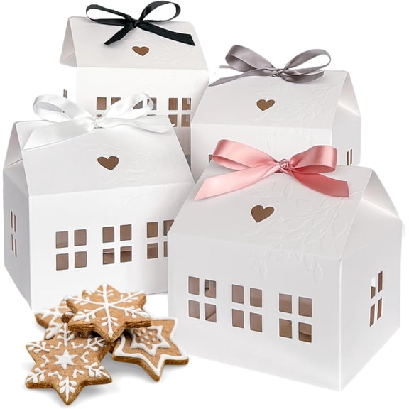 20 Pcs Classic House Shaped Gift Boxes with Neutral Ribbons for Treats, Desserts, Fancy Cookie, White Gable Bakery Packaging