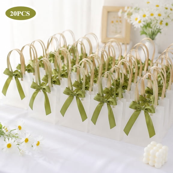 20 Pcs Clear Gift Bags with Green Ribbon Bows, Elegant PVC Party Bags with Handles, Reusable Candy Tote Bags for Wedding Reception Celebrations Birthday Bridal Events and Gift Packaging