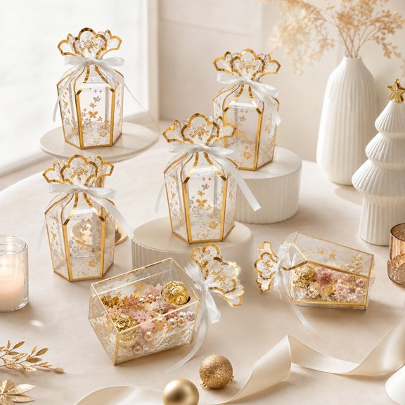 20 Pcs Clear Gift Boxes with Gold Butterfly Floral Design, Transparent Favor Boxes with Bow Decorations for Candy, Elegant Party Gift Packaging for Wedding, Birthday, Christmas Celebration