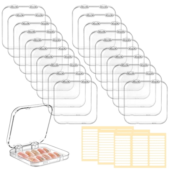 20 Pcs Clear Press On Nail Storage Boxes, 2.6 x 2.6 in False Nail Display Case, Including 108 Double Sided Adhesive Tapes, Transparent Organizer for Manicure Salon & Home Storage Supplies
