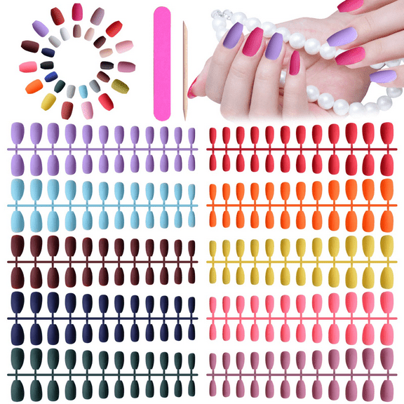 20 Pcs Coffin Matte Press on Nails, Kalolary Ballerina Professional Short Nail Art Set, Full Cover Acrylic False Gel Nails Solid Color Fake Nails with Nail File Nail Stick for Nail Salons DIY Nail Art