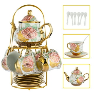 DUJUST Tea Cups and Saucers with Golden Trim,Set of 6 (8.5 oz), Luxury Relief Printing Coffee Cups with Metal Stand, British Royal Porcelain Tea
