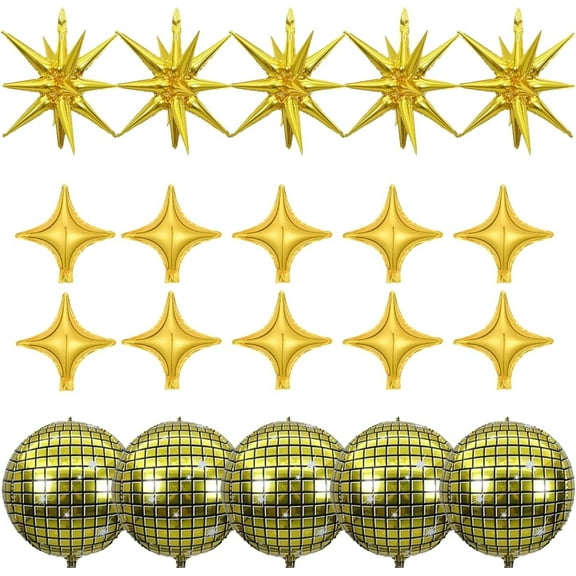 20 Pcs Disco Ball Balloons Huge Gold Explosion Star Aluminum Foil Balloons and Four Pointed Star Balloos Disco Ball Ballons for 70s Disco Dance Birthday Party Graduation New Year Decoration