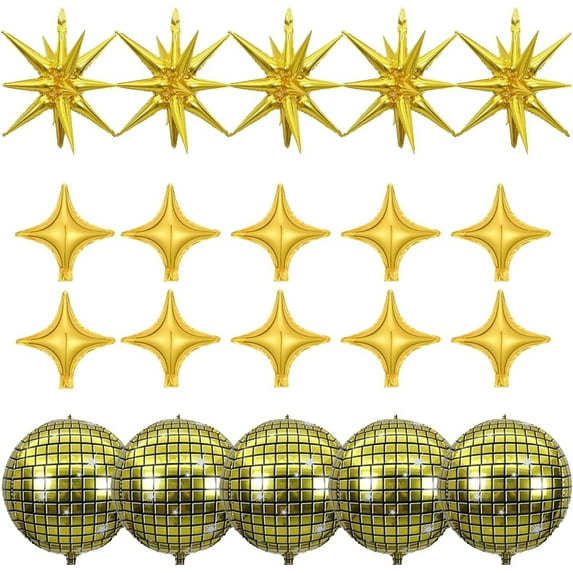 20 Pcs Disco Ball Balloons Huge Gold Explosion Star Aluminum Foil Balloons and Four Pointed Star Balloos Disco Ball Ballons for 70s Disco Dance Birthday Party Graduation New Year Decoration
