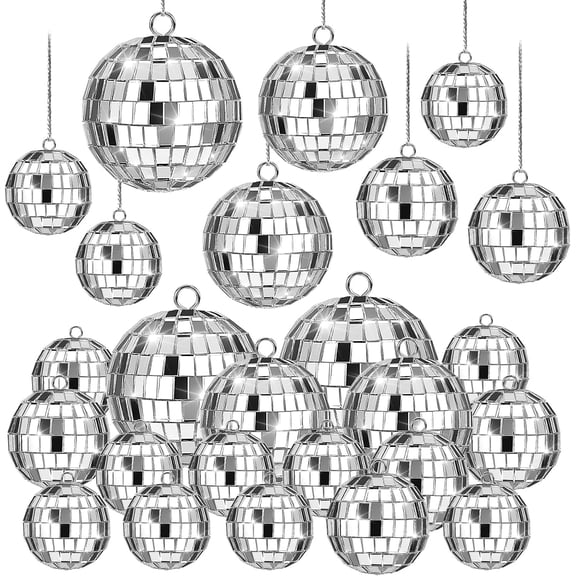 20 Pcs Disco Balls, 4 Sizes Mini Mirror Ball Decorations Silver Hanging Ornaments with Rope for 70s Disco Theme Wedding Birthday Party Dance Music Prom Props