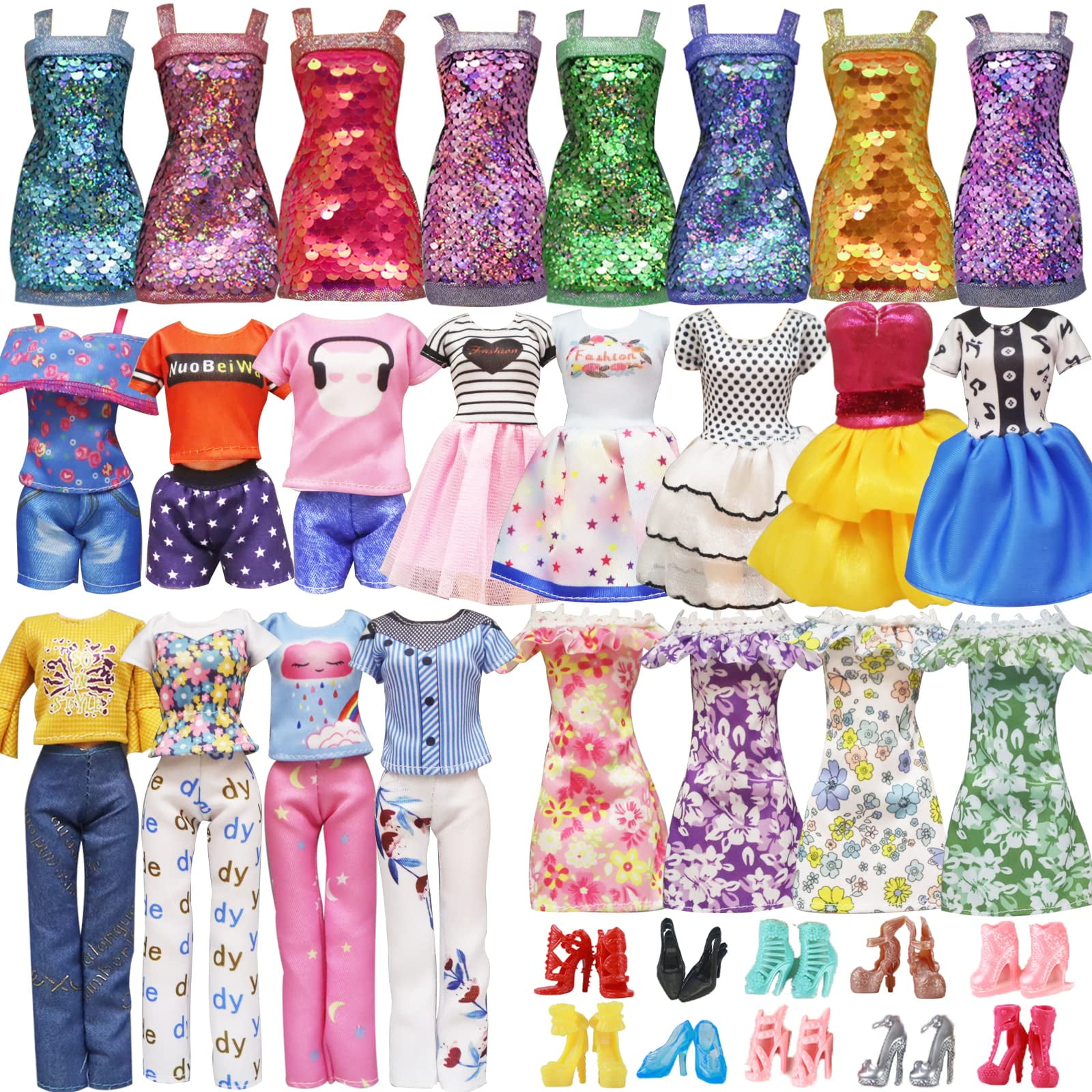 BM 41 Pieces Doll Clothes and Accessories for 11.5 Inch Girl Doll Include  15 Pcs Party Floral Dresses, 10 Pcs Shoes, 5 Pcs Bags, 11 Pcs Different  Doll