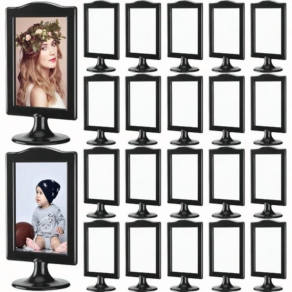 20 Pcs Double Sided Standing Picture Frames 4 x 6 Pedestal Photo Frame Plastic Each Holds 2 Pictures Tabletop Vertical Display for Wedding Table Bridal Black