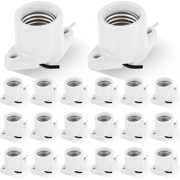 20 Pcs E26 Light Socket Medium Base Porcelain Lamp Holder Keyless Cleat Bulb Socket with Two Hole Flanged Mounting with 6" Leads for Home Room Garage Closet Indoor Outdoor Lighting