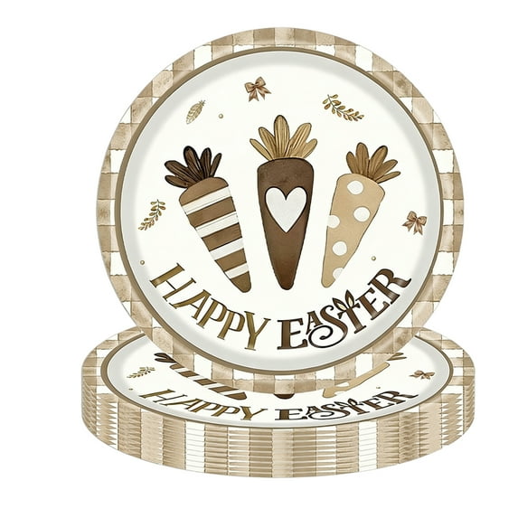 20 Pcs Easter Paper Plates 7.1 Inch, Vintage Happy Easter Design with Carrot Pattern, Disposable Tableware for Spring Party, Kids Adults Celebration