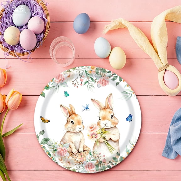 20 Pcs Easter Paper Plates 7'' Round Disposable Bunny Plates Bulk Egg He Is Risen for Holiday Spring Party Dessert Supplies