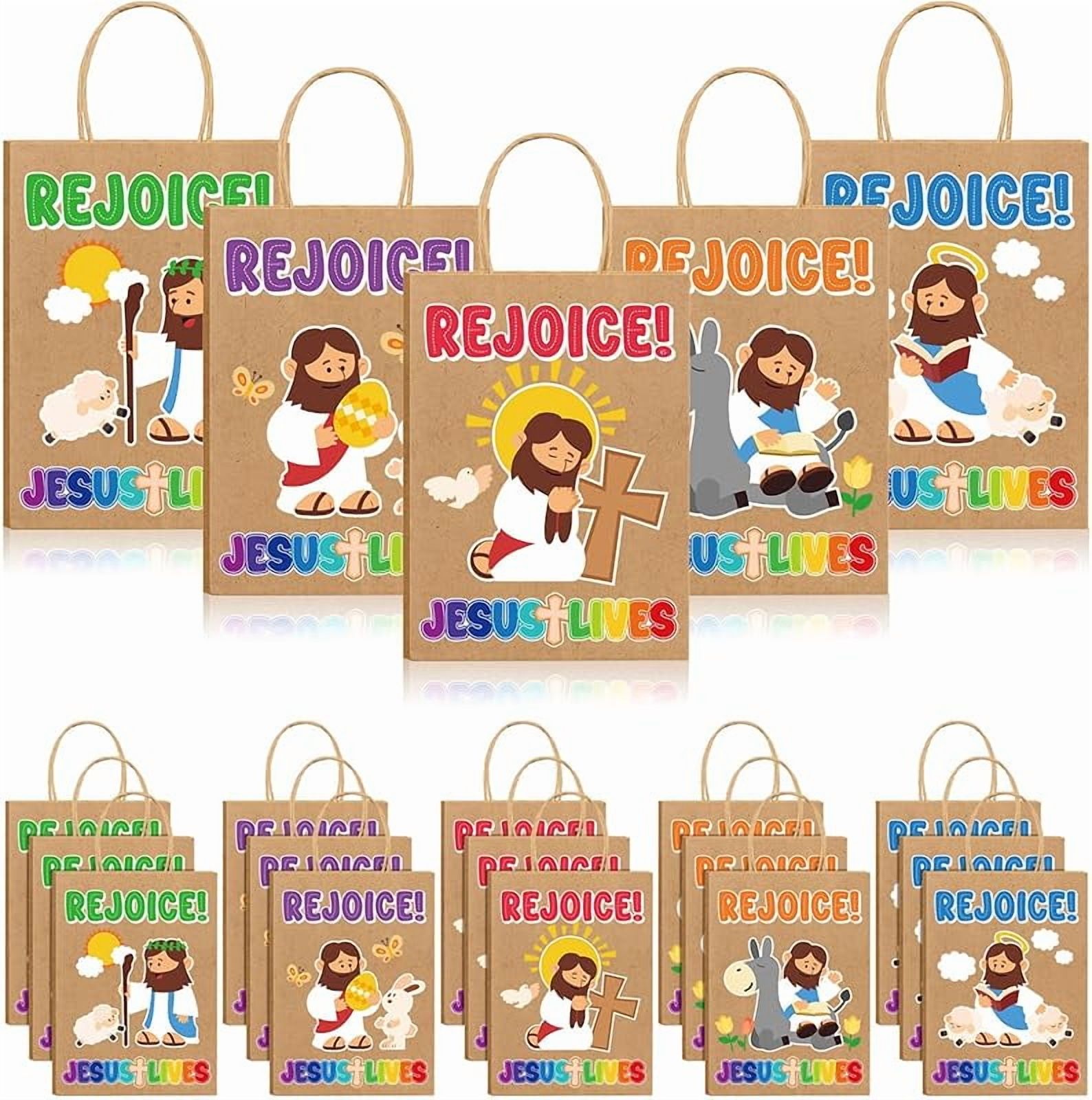 20 Pcs Easter Religious Gift Bags Bulk Christian Kraft Paper Rejoice Goody Bags with Handles Eggs Hunt Easter Theme Bible Sunday School Party Favor